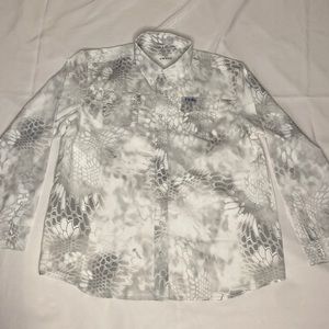 HUK Kryptek Yeti Long Sleeve Button Up Fishing Shirt Gray & White XXL